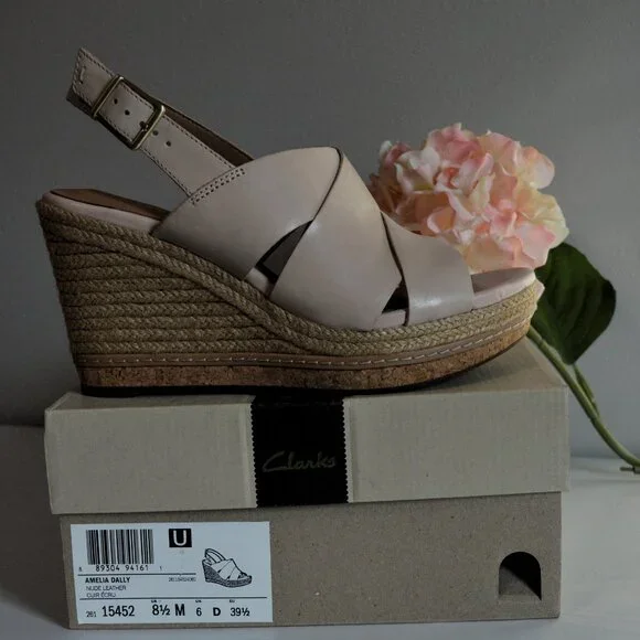 Clarks Amelia Dally Ecru Leather Espadrille Wedge Sandals - Picture 2 of 12